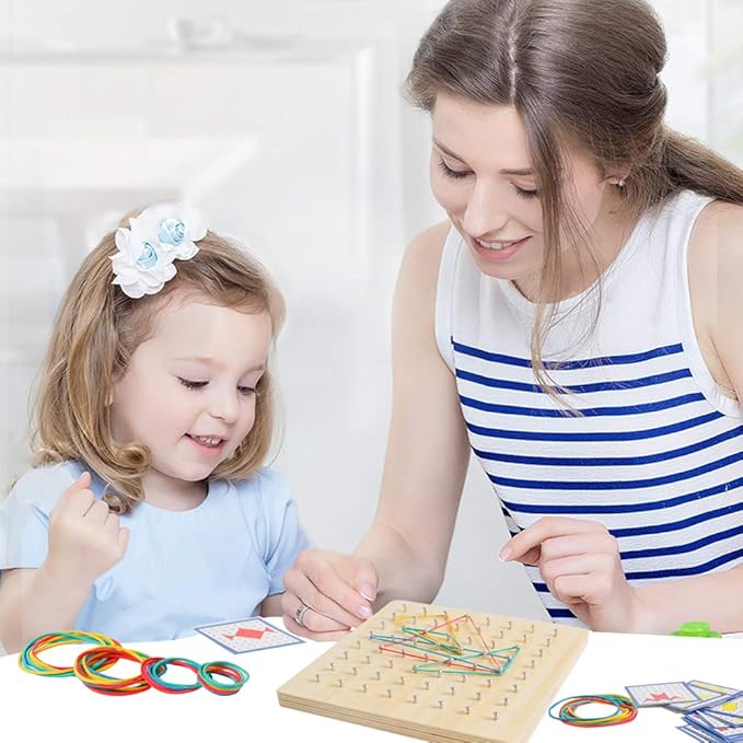 Wooden Geoboard with Rubber Bands Graphical Math Pattern Blocks Geo Board - Montessori Educational Toy for Kids with Pattern Cards and Rubber Bands Create Figures Shape STEM Puzzle Matrix Brain Teaser