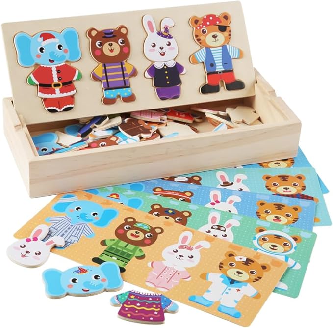 Wooden Jigsaw Bear Family Puzzle Box, Dressing Puzzles Toys, Dress-up Puzzle Set（72 pcs） (Mixed)