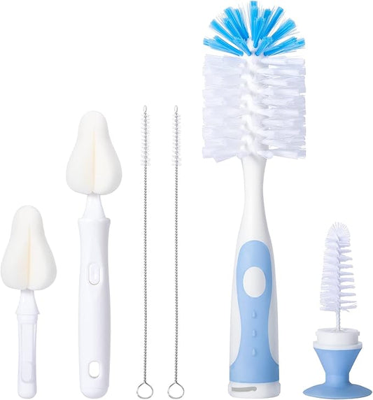 Baby Bottle Brush Set with Nipple Cleaner and Suction, 10.2" Cleaning Brush and 6.5" Sponge Bottle Brush with A Replacement Brush Head and Two 6.7" Straw Brushes, Pack of 5 (Blue)
