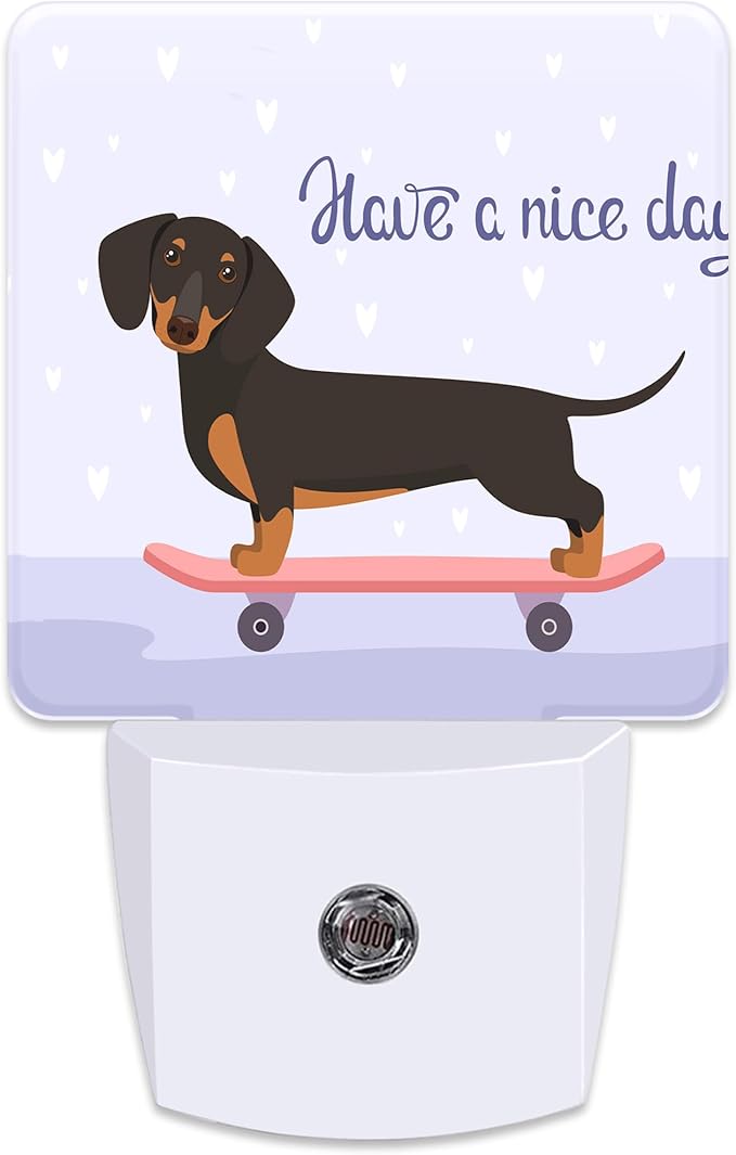 Funny Dachshund on Skateboard Plug in Night Light with Auto Dusk to Dawn Sensor,Warm Night Lights for Boys Girls Bedroom Bathroom Hallway Kids Room Gifts