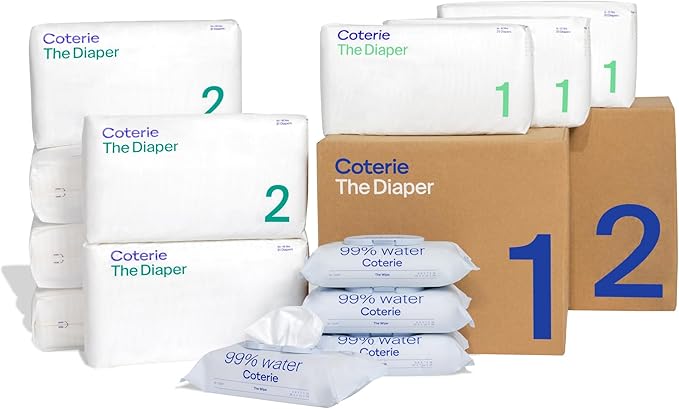 Coterie Baby Wipes + Diapers Kit, Size 1 (99 Count) & Size 2 Diapers (186 Count), 4 Pack (224) Baby Wipes with 99% Water, Plant Based Materials, Hypoallergenic for Sensitive Skin