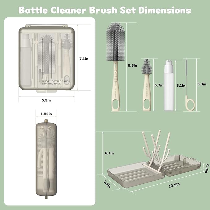 Bottle Brush Set, Portable Bottle Washing Kit,Travel Baby Essentials Silicone Bottle Cleaning Brush with Box, Bottle Cleaning Tool for Home and Travel