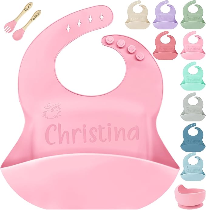 SRdrew Personalized Silicone Bibs Set Custom Engraved Name Icon Toddler Bib Durable Adjustable for Boy Girl