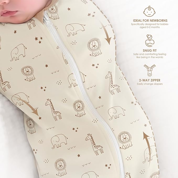 SANDJEST Baby Swaddle 0-2 Months, Cotton Arm-in Zipper Sleep Sack, Wearable Blankets Wrap for Newborn Infant Girls and Boys (Woodland Animal, Pack of 1)