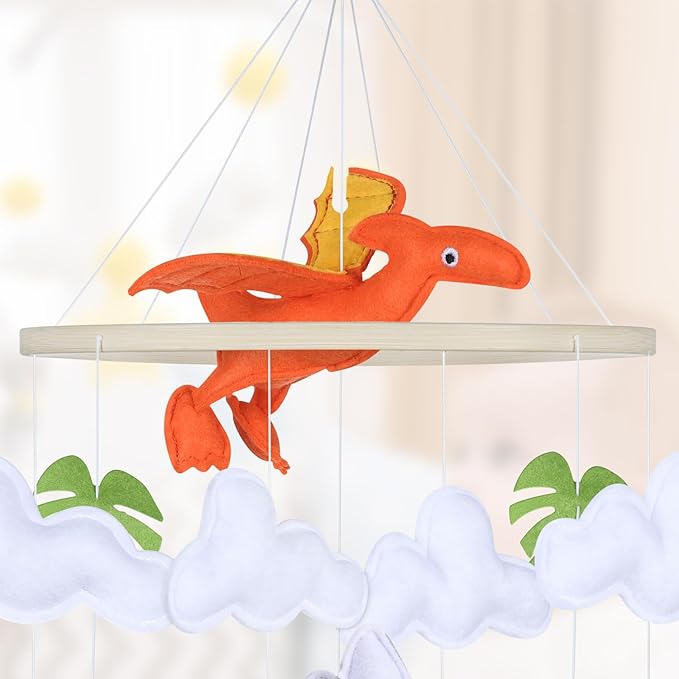 CLYMENE Dinosaur Baby Mobile for Crib | Baby Nursery Dinosaur Mobile | Gender Neutral Baby Stuff for Dinosaur Theme Nursery | Handmade Felt Hanging Dino and Mountain Room Decor for Boys & Girls