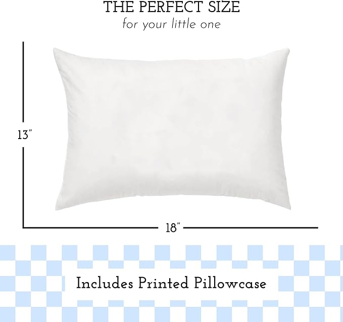 Little Sleepy Head Toddler Pillow with Pillowcase 13x18 - Kids Pillow for Sleeping - Better Neck Support Ergonomic Pillow and Toddler Pillowcase - Best Pillows for Kids (Checkers Baby Blue)