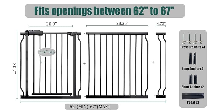 62-67 Inch Extra Wide Baby Gate, Walk Through Metal Safety Gate for Large Doorways & Hallways, Black Heavy-Duty with Extension Kit