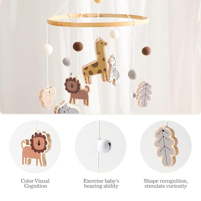 Baby Mobile for Crib, Crib Nursery Mobile for Boys Girls, Boho Animals Nursery Decor Soothe Toy Baby Shower Set for Infant Bedroom Hanging Decoration Toy
