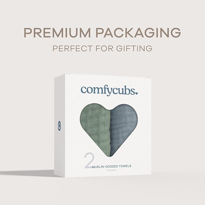 Comfy Cubs Hooded Baby Towel 2-Pack, Large 32 x 32 Inch - 6 Layer 100% Muslin Cotton for Babies, Toddlers, Kids - Soft & Absorbent Baby Bath Towels - Unisex Design for Bath Time, Pacific Blue and Fern