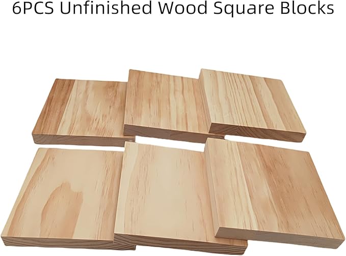 6PCS Unfinished Wood Square Blocks for Crafts, 6x6x0.8in Blank Wooden Squares Pine Wood Boards for Wood Carving,DIY Wood Coasters,Painting & Burning