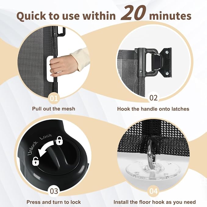 47” Extra Tall Retractable Baby Gate, Reinforced Mesh Dog Gate Extends to 59" Wide, Baby Gate for Stairs, Doorways, Hallways, Indoor and Outdoor, Black