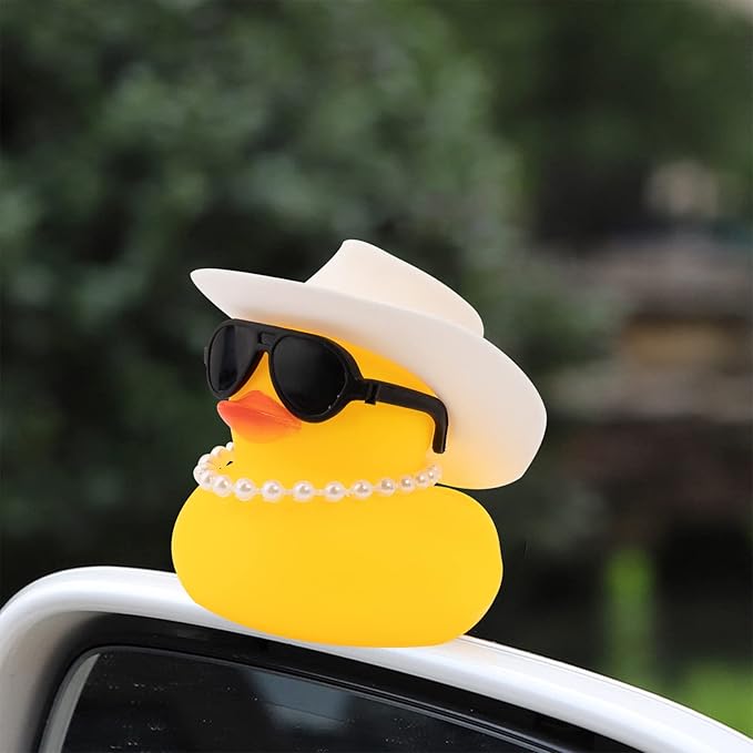 wonuu Car Rubber Duck, Yellow Duck Decoration Dashboard with Sun Hat Swim Ring Necklace Sunglasses for Car Dashboard Decorations