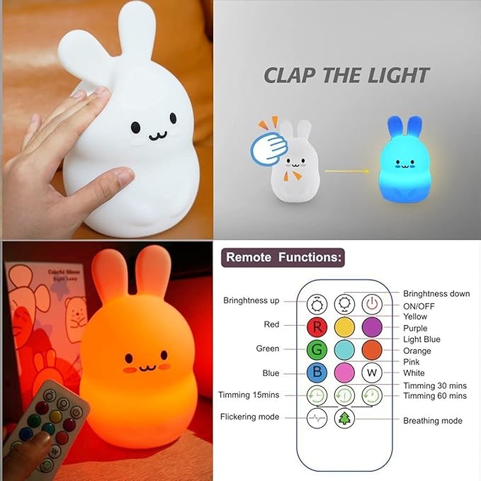 Rabbit Night Light for Kids, Bedside Lamp for Children, Baby Nursery Lamp for Breastfeeding Safe, Break Resistant, Adjustable Brightness & Color, Touch Control + Remote Control - Medium Rabbit