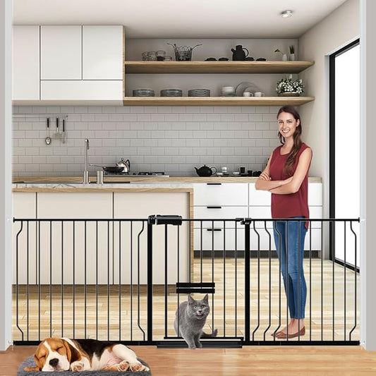 Extra Wide Dog Gates for Doorways 71.65"-81.1" Extra Wide Dog Gate with Door,Baby Gate with Cat Door Pressure Mounted Pet Gate