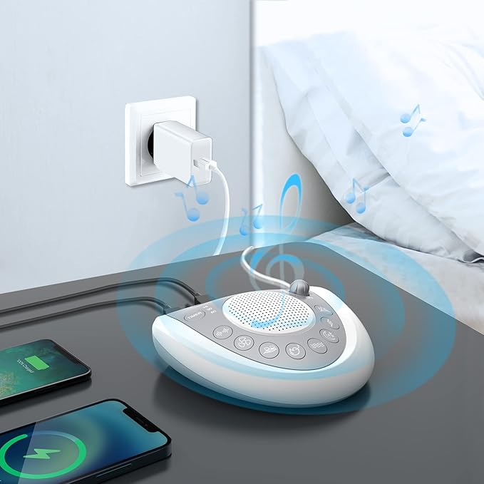 White Noise Machine, Portable Sleep Sound Machine with 24 Soothing Sounds, Timer & Memory Function, Headphone Jack, USB Charging, Powered by AC or Battery for Baby, Kids, Adults, Travel