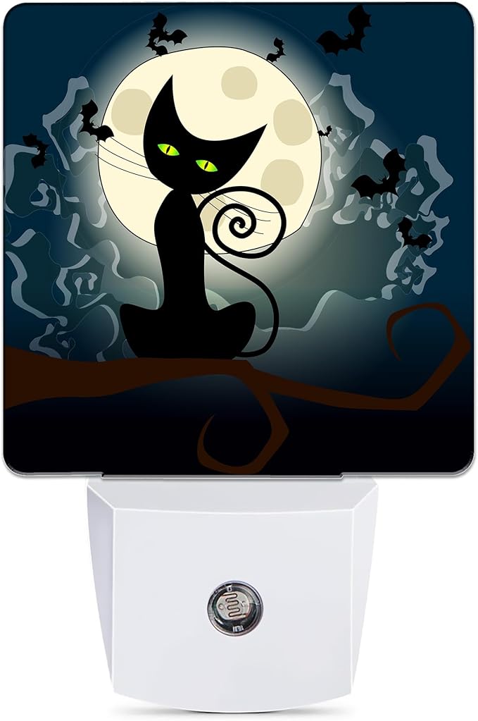 Black Cat Fantasy Halloween Night Light, Full Moon Bats Night Lights Plug into Wall Decorations for Bedroom, Bathroom, Kitchen, Dusk to Dawn Sensor Nightlights for Boys Girls Women Men Room Gifts