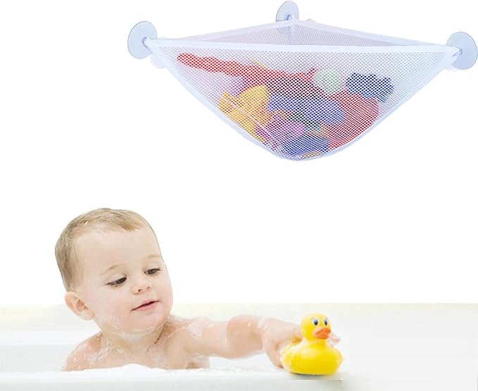 chil Bath Toy Organizer with 3 Strong Suction Cups Mounted Bath/Shower Caddy Storage Solution Bath Toy Storage Net & Bathroom Corner Shower Caddy Bag Bathroom Storage Bag