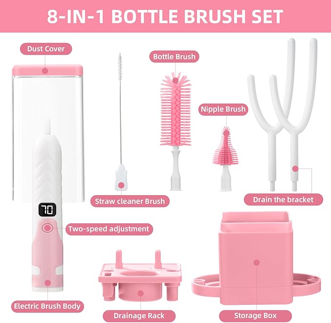Electric Bottle Brush Cleaner,Electric Baby Bottle Brush Cleaner, Baby Bottle Washer,8 in 1Automatic Bottle Cleaner Brush Set (Pink)