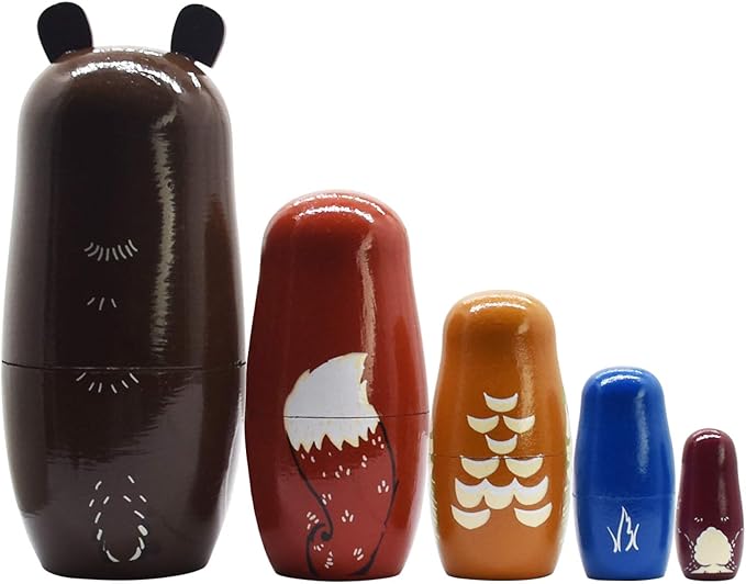 Tphon Russian Nesting Dolls Bear Wooden Matryoshka Dolls for Kids Handmade Cute Cartoon Animals Pattern Nesting Doll Toy Stacking Doll Set of 5
