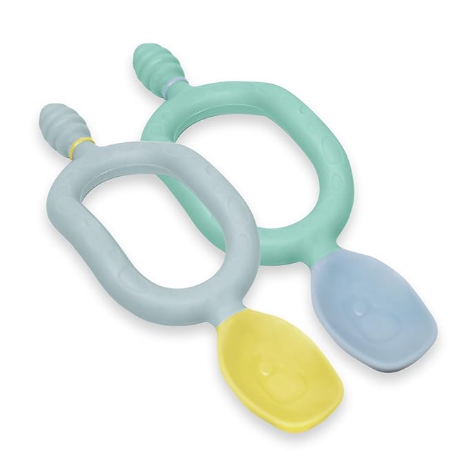 Bibado - Dippit Baby Spoon and Dipper, Green & Grey (2-Pack) - Soft, Chewable Dipper & Deep Spoon - Two-Hand, Sensory Grip - Toddler Utensils - Baby Led Weaning Supplies - Baby Essentials - 6 Months+