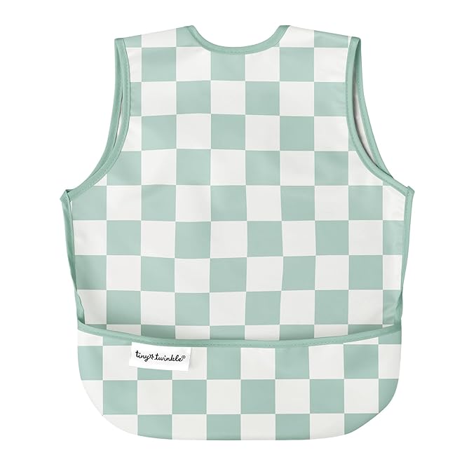 Twinkle Short Sleeve Apron Baby & Toddler Bib – Waterproof, Mess-Proof Bibs for Eating & Feeding, Machine Washable, Perfect Holiday Gift (Green Checkers, 6–24M)