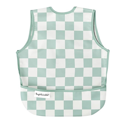 Twinkle Short Sleeve Apron Baby & Toddler Bib – Waterproof, Mess-Proof Bibs for Eating & Feeding, Machine Washable, Perfect Holiday Gift (Green Checkers, 6–24M)
