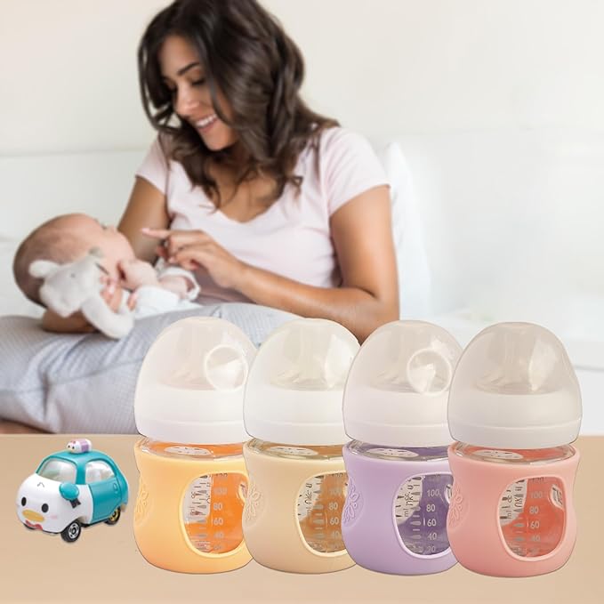 4 Pack Silicone Sleeves for Avent Natural Glass Baby Bottles, Anti Breakage Bottle Holder, Compatible with Philips Avent Glass Natural Baby Bottles (Apricot+Pink+Purple+Orange, 4 OZ)