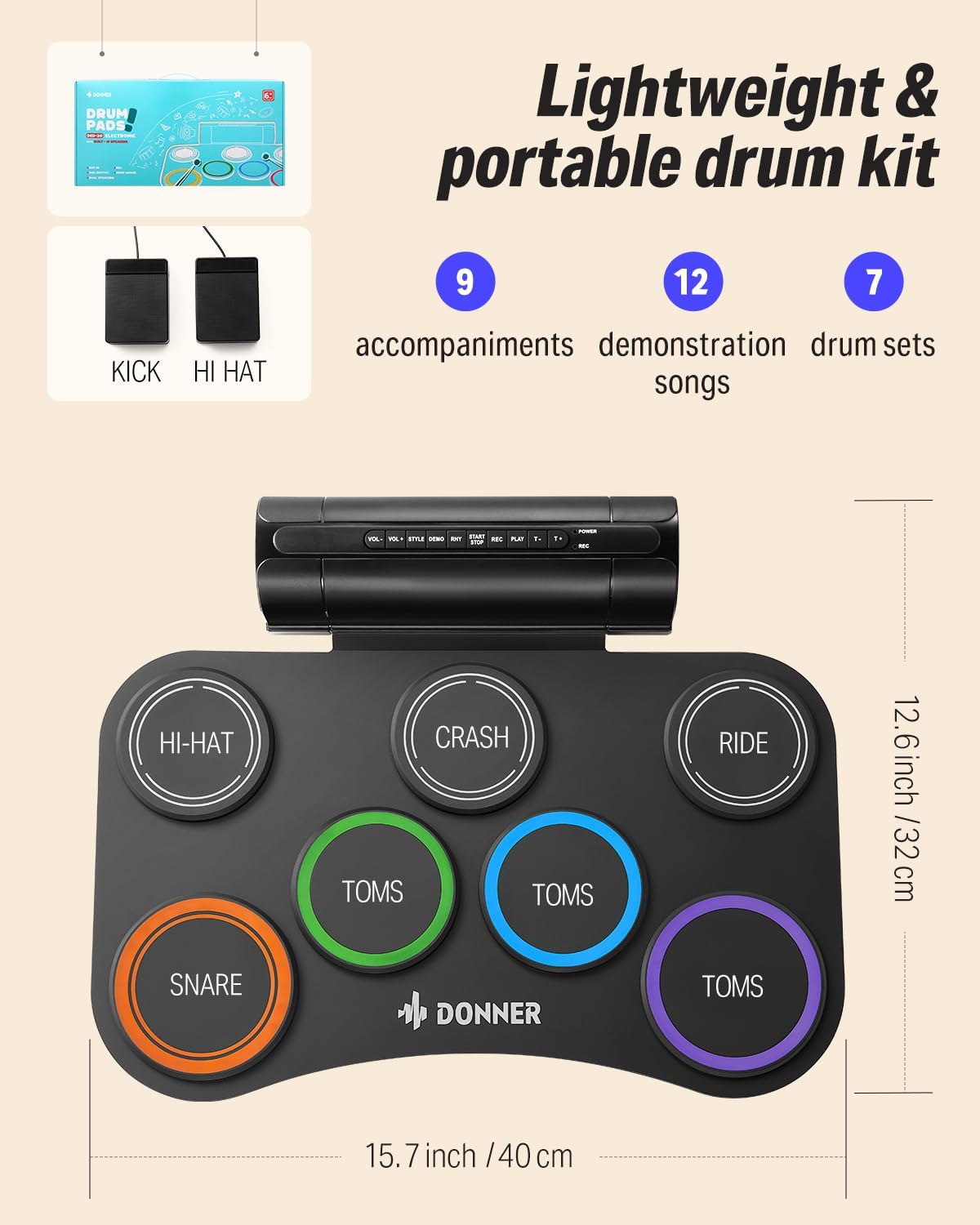 Donner Electric Drum Set Upgrated, 7 Pads Electronic Drum Pad Roll Up Quiet Drum Pad Built-in Speaker, 40 Lessons Included, Kids Holiday Christmas & Birthday Gift Instrument Toys(DED-20R) New