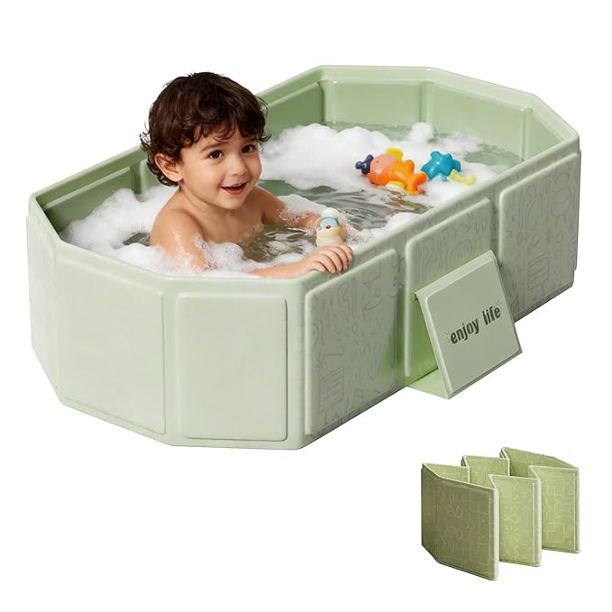 Collapsible Baby Bathtub for Infants & Toddlers, Foldable & Leak-Proof, Reinforced Durable Structure, Heat-Resistant, Easy Storage for Small Spaces, Graffiti Green