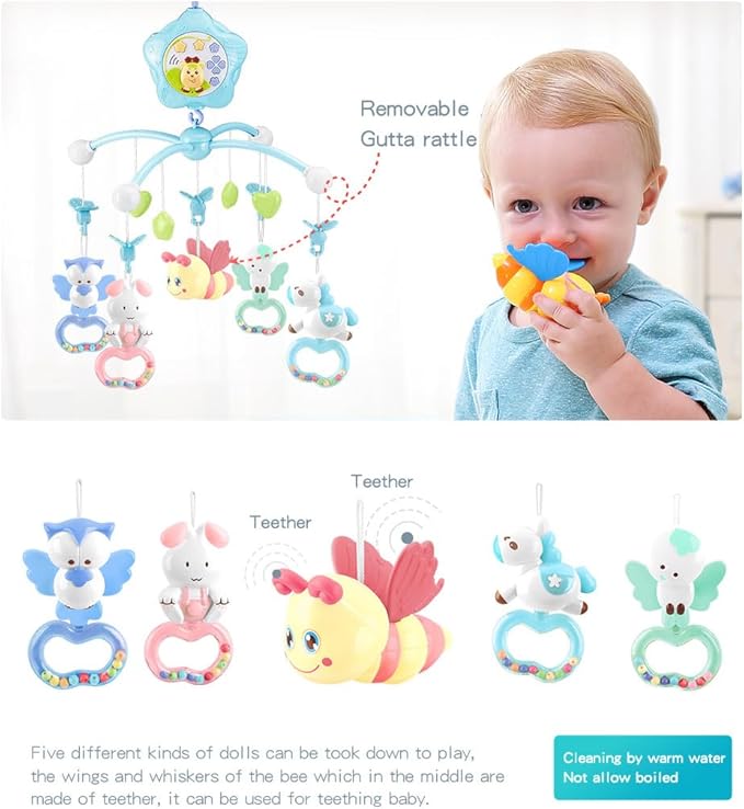 Baby Mobile for Crib with Musicial and Lights, Remote and Projection. Pack and Play Toys for Ages 0+ Months (Pink-Bee)