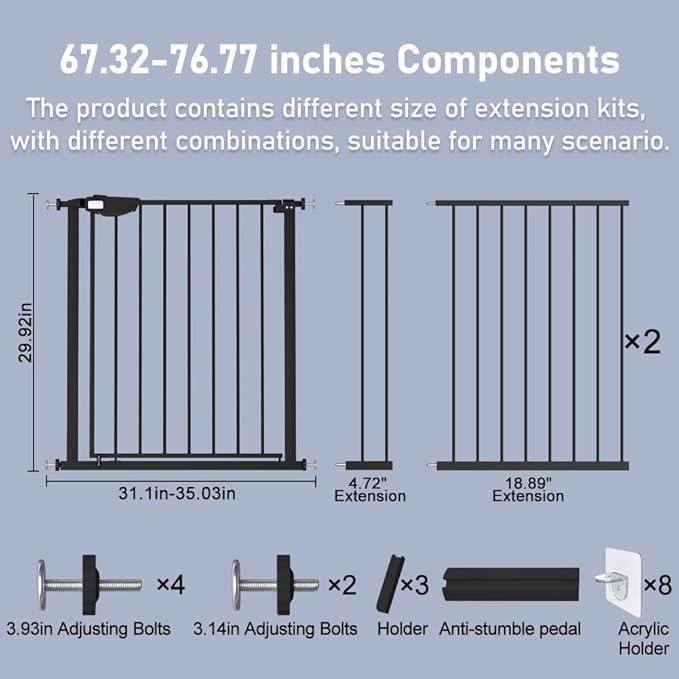 DEARBB Triple Lock Baby Gate for Stairs Doorways and House 31" to 86" Extra Wide Pressure Mounted Easy Walk Through Auto Close Safety Pet Gate Black 67.32-76.77"