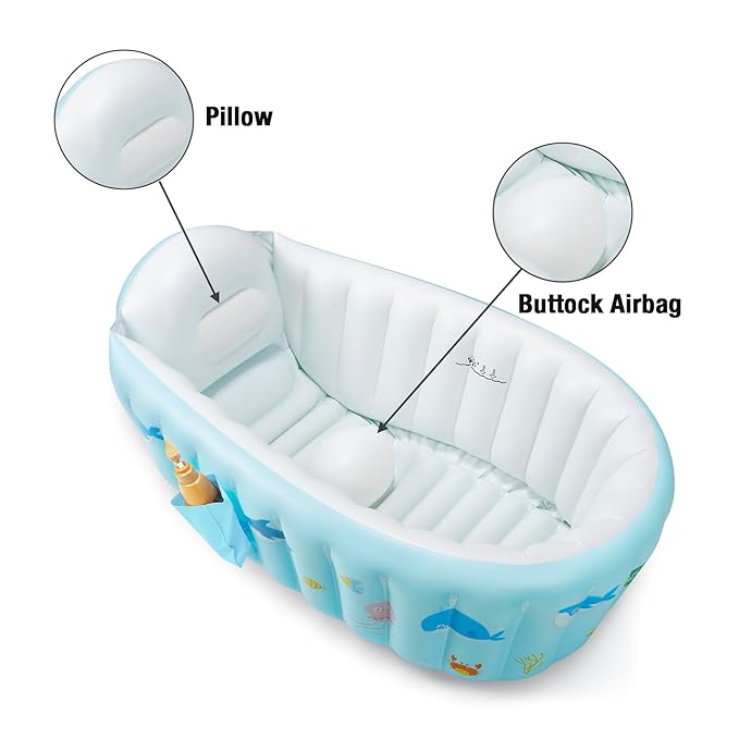 PandaEar Baby Inflatable Bathtub, Portable Travel Baby Infant Bath Tub Toddler Bathtub with Air Pump, Foldable Non-Slip Shower Basin Mini Air Swimming Pool for Newborn (Whale Blue)