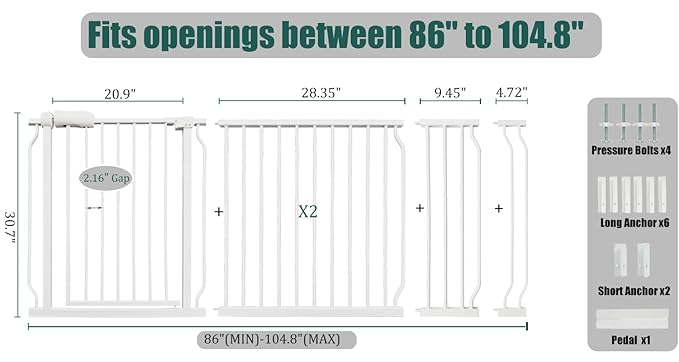 86-105 Inch Extra Wide Baby Gate, Pressure Mounted No Drill, Extra Wide Safety Gate for Large Entries, White Metal with Extension Kit