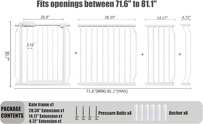 Heavy Duty Baby & Dog Safety Gate - Extra Wide 76.4-81.1 Inch, White Metal, Tension Mounted No Drilling Pet Gate for Stairs & Doorways, 30 Inch Tall