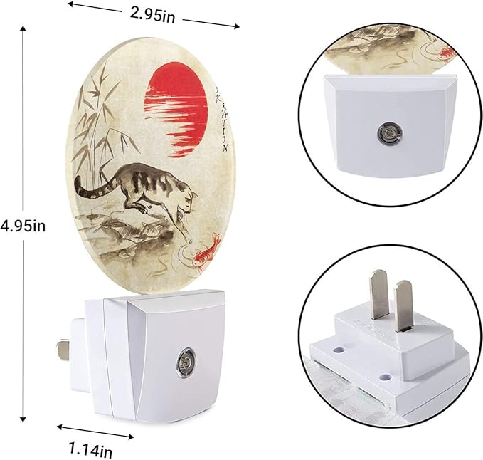 EKOBLA Fish in Pond LED Night Light Red Sun Bamboo Branch Cute Cat Play with Fish Dusk to Dawn Plug-in Nightlights Auto Sensor for Home Indoor Bathroom Hallway Kitchen