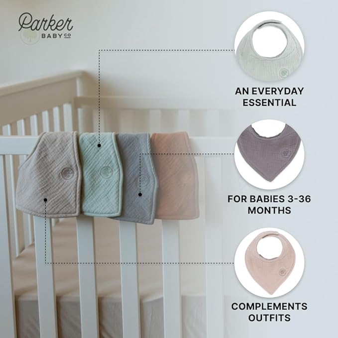 Parker Baby Muslin Bandana Drool Bibs | 100% Soft Muslin Cotton, Absorbent & Adjustable | Stylish Teething & Drooling Bibs