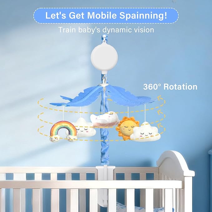 Crib Mobile for Baby, Blue and White Airplane & Weather Theme, Mobile for Crib with 35 Lullabies & 3 Modes Rotating Music Box, Nursery Decoration for Infant Boys and Girls