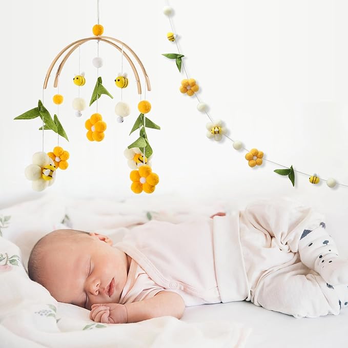 Baby Mobile for Crib Crib Nursery Mobile for Boys Girls Boho Bee Flower Nursery Decor Soothe Toy Baby Shower Set for Infant Bedroom Hanging Decoration Toy