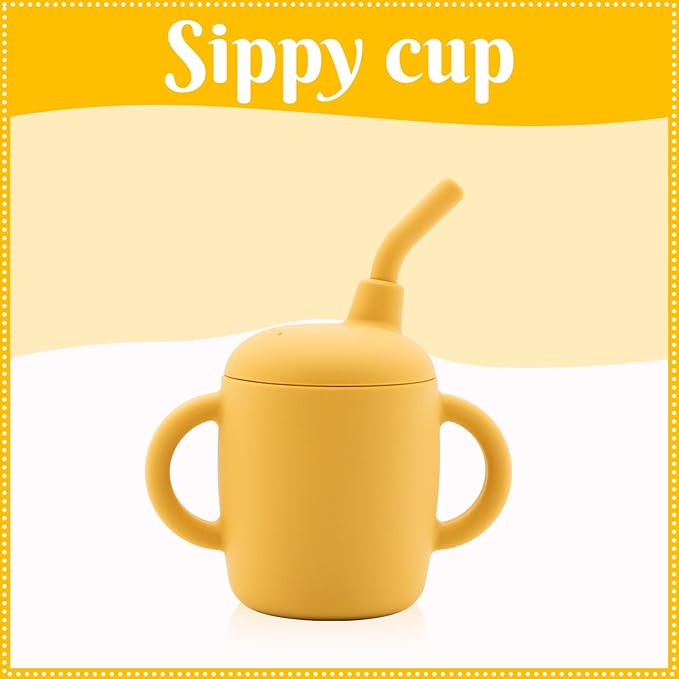 Silicone Baby Feeding Set 6 Pcs, Baby Led Weaning Supplies, Baby Feeding Supplies Set BPA Free, Baby Essentials for Newborn Gift Yellow