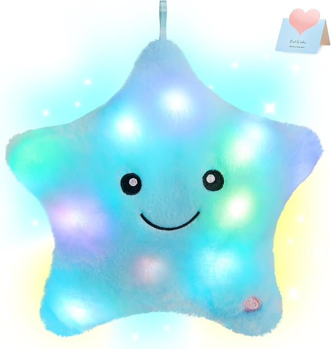 WEWILL 9'' LED Twinkle Star Soft Plush Pillow Toys Glowing Stuffed Star Light up Pillow Plush with Colorful Night Lights Birthday Gift for Toddler Kids(Blue)