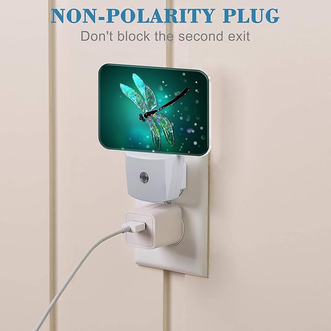 Glass Dragonfly Plug in Night Lights, Green Background Nightlight Plug Into Wall Dusk to Dawn Sensor for Kid Girls Boys Women Men Bedroom, Hallway, Kitchen, Bathroom, Stairs Decor