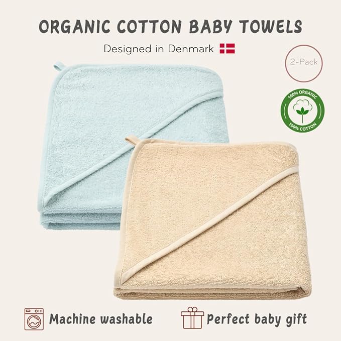 Baby Hooded Towel – Organic Cotton Baby Bath Towels, 32" x 32" Super-Soft and Absorbent Baby Towels for Newborn 2-Pack (Fog/Baby Blue)