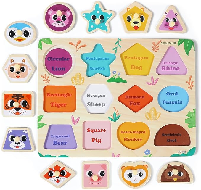 GRINNNIE Wooden Puzzles for Toddlers 3 4 5 Years Old, Montessori Toddler Toys 5PCS Peg Puzzles with Knob - Number, Alphabet, Shape, and Animal, Great Christmas Birthday Gifts for Boys Girls