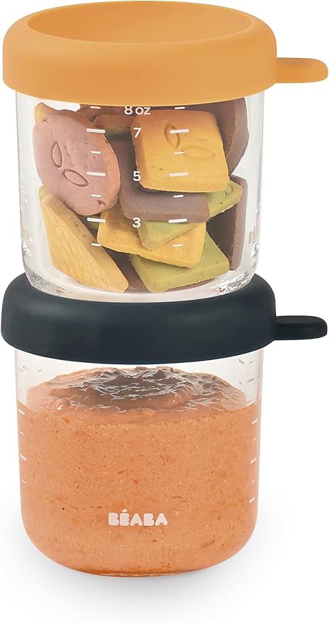 BEABA 2 Pack Glass Baby Food Jars with Soft Silicone Air Tight Lids, 8 oz Glass Storage Containers with Lids, Microwave and Freezer Safe Containers, Midnight