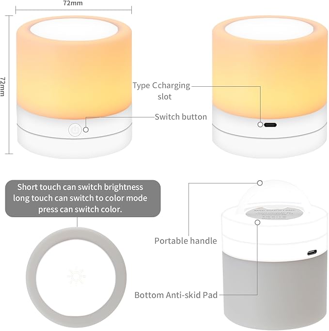 Nursery Night Light for Kids, USB Rechargeable Small Desk Lamp,13 RGB Colors & 4 Brightness & 1 Remote, Touch Bedside Cordless Table Lamp, Portable Night Lamp for Bedroom Living Room Home (White)