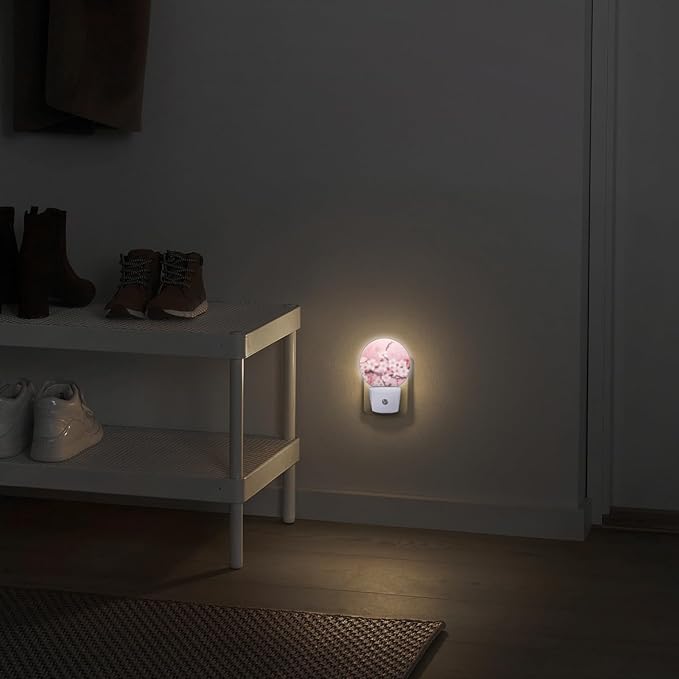 Round LED Night Lights Lamp with Dusk to Dawn Sensor, Delicate Pink Background with Cherry Blossoms Night Light Plug Into Wall for Kids Room, Bedroom, Bathroom, Kitchen, Hallway
