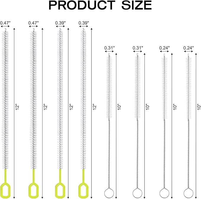 8-Piece Straw Cleaner Brush Set for Cleaning Straws - (4-Size) Extra Long Nylon Pipe Cleaners, Reusable Straw Cleaning Brush for Stanley Tumbler, Sippy Cup, Baby Bottle and Tubes (Type A)