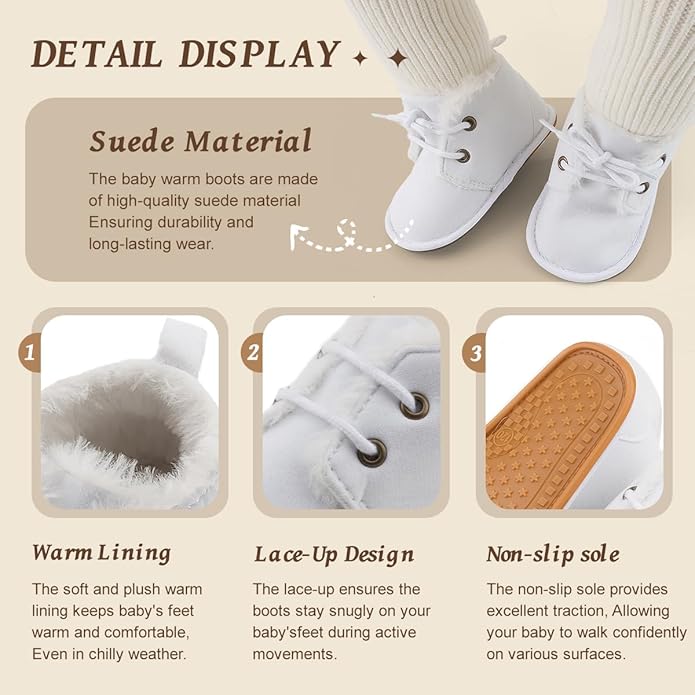 Baby Unisex Warm Snow Boots Newborn Leather Fur Lace Up Ankle Anti-Slip Rubber Texture Sole Toddler Prewalker Winter Crib Shoes