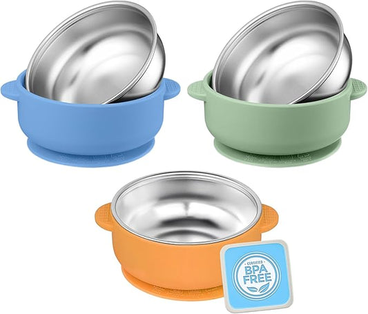 3 Pack Stainless Steel Toddler Suction Bowls for Baby Plates, 2-in-1 SUS304 Toddlers Bowl & Removable Silicone Suction Kids Bowl for Cereal | Snack | Anti-Scald Non-Toxic Suction Bowls