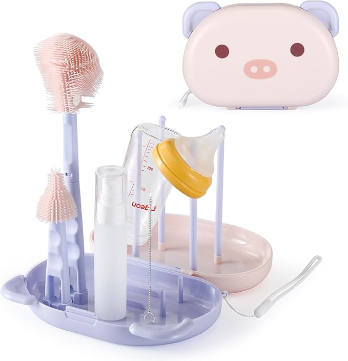 VOOWO Baby Bottle Brush & Drying Rack, Portable Travel Kit - Silicone Bottle & Nipple Brush Set, Straw Cleaner (Purple)